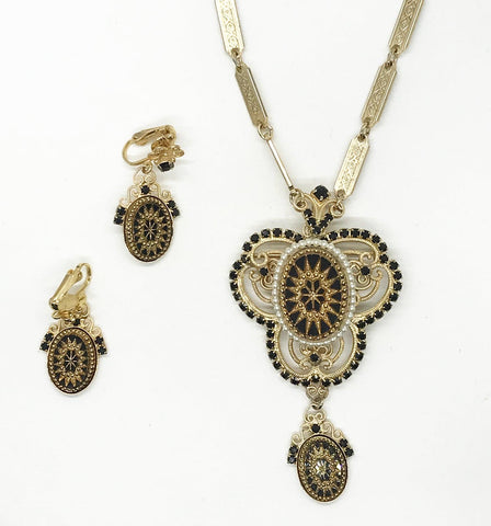 Vintage Cut Glass Black and Gold Necklace/Brooch and Earring Set - Lamoree’s Vintage