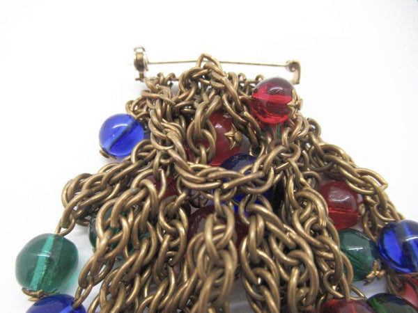 Vintage Czech Brooch with Vivid Green, Blue and Red Glass Dangles - Lamoree’s Vintage
