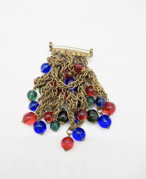 Vintage Czech Brooch with Vivid Green, Blue and Red Glass Dangles - Lamoree’s Vintage