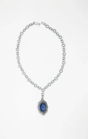 Vintage Deco Blue Oval Pendant and Chain - Lamoree’s Vintage