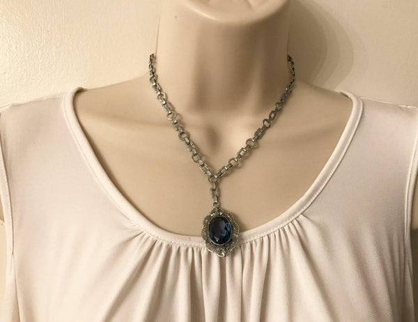 Vintage Deco Blue Oval Pendant and Chain - Lamoree’s Vintage