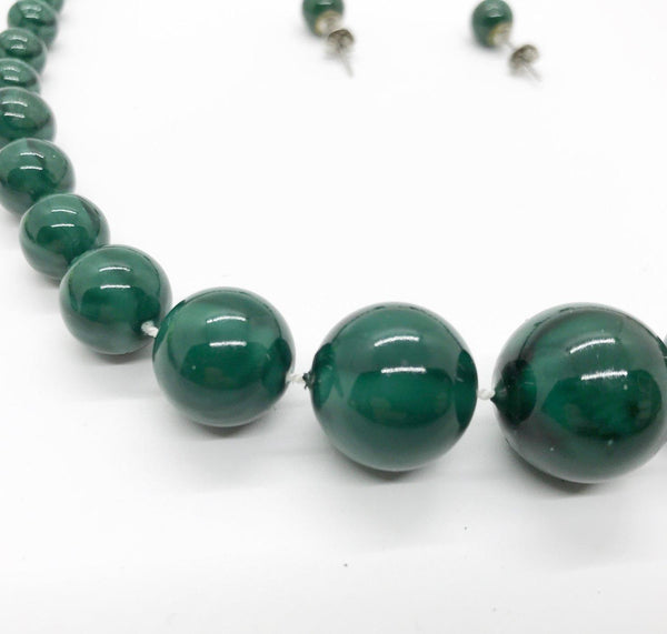 Vintage Deep Green Marbled Bead Necklace and Earrings - Lamoree’s Vintage