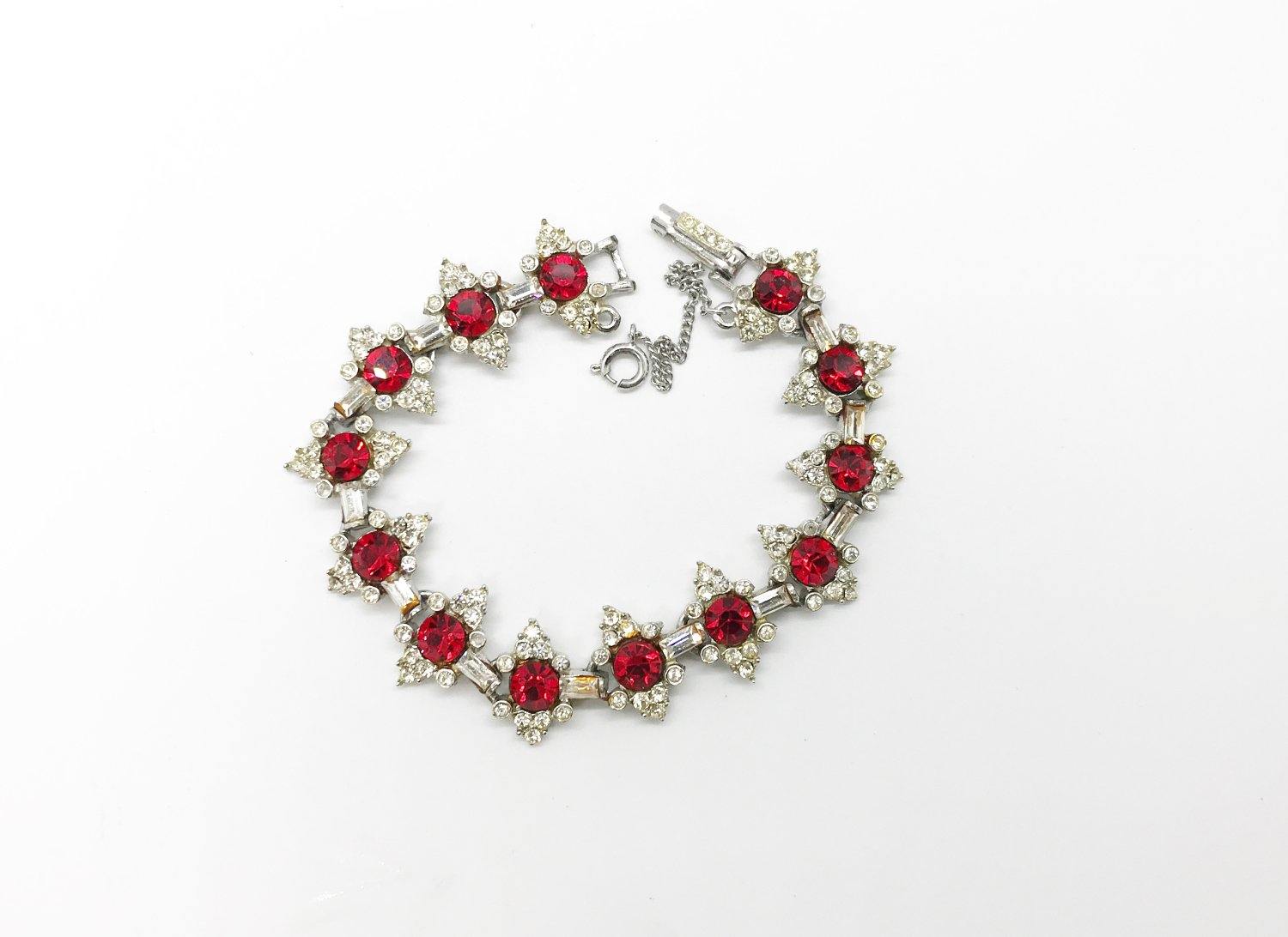 Vintage Deep Red and White Rhinestone Bracelet - Lamoree’s Vintage