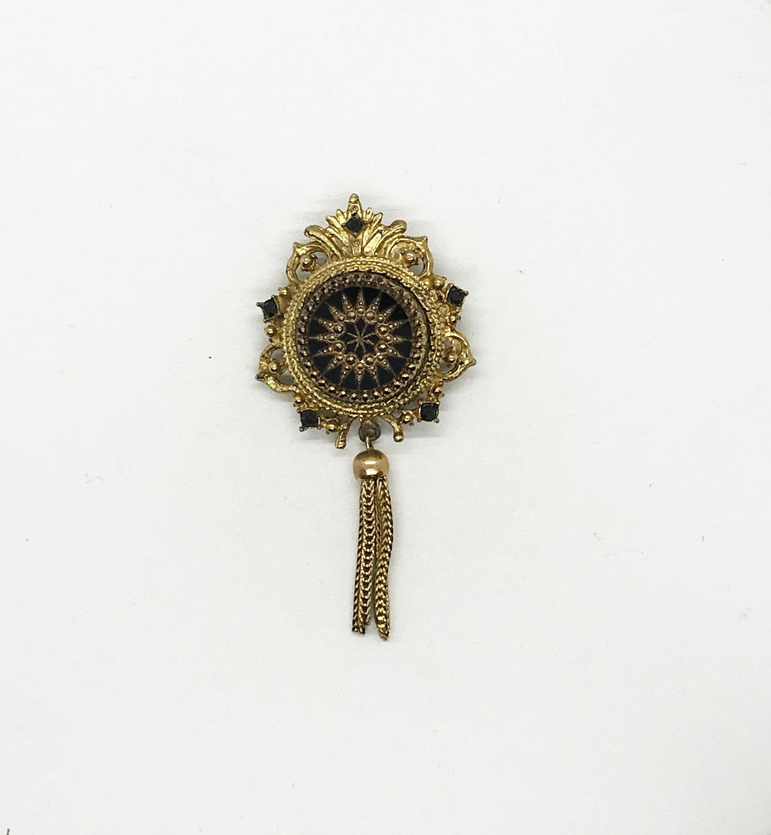 Vintage Denise Layered Moroccan Style Gold Tone and Carved Black Glass Brooch - Lamoree’s Vintage