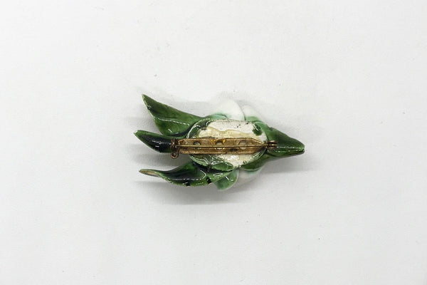 Vintage Enameled White Flower Brooch with Gold Tipped Petals - Lamoree’s Vintage