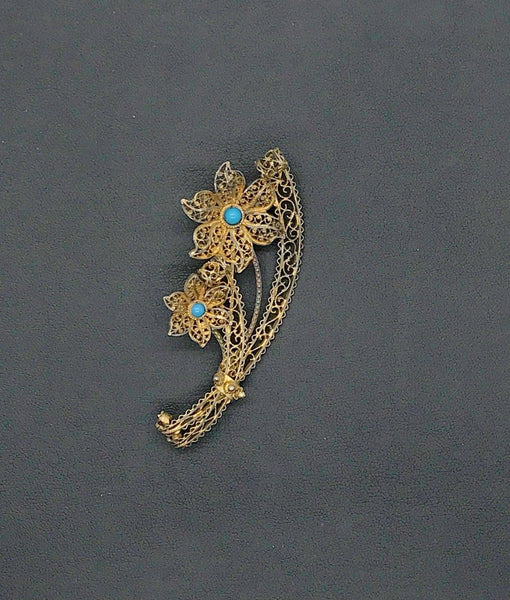 Vintage European Gilt Filigree, Silver and Turquoise Bouquet Brooch - Lamoree’s Vintage