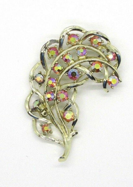 Vintage Feather Brooch with Iridescent Golden Rhinestone Detail - Lamoree’s Vintage