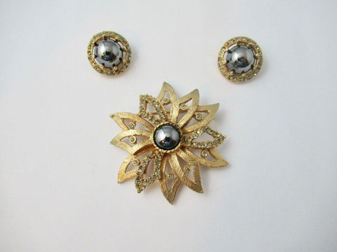 Vintage Flower Brooch and Earring Set with Luminous Gray Stones - Lamoree’s Vintage