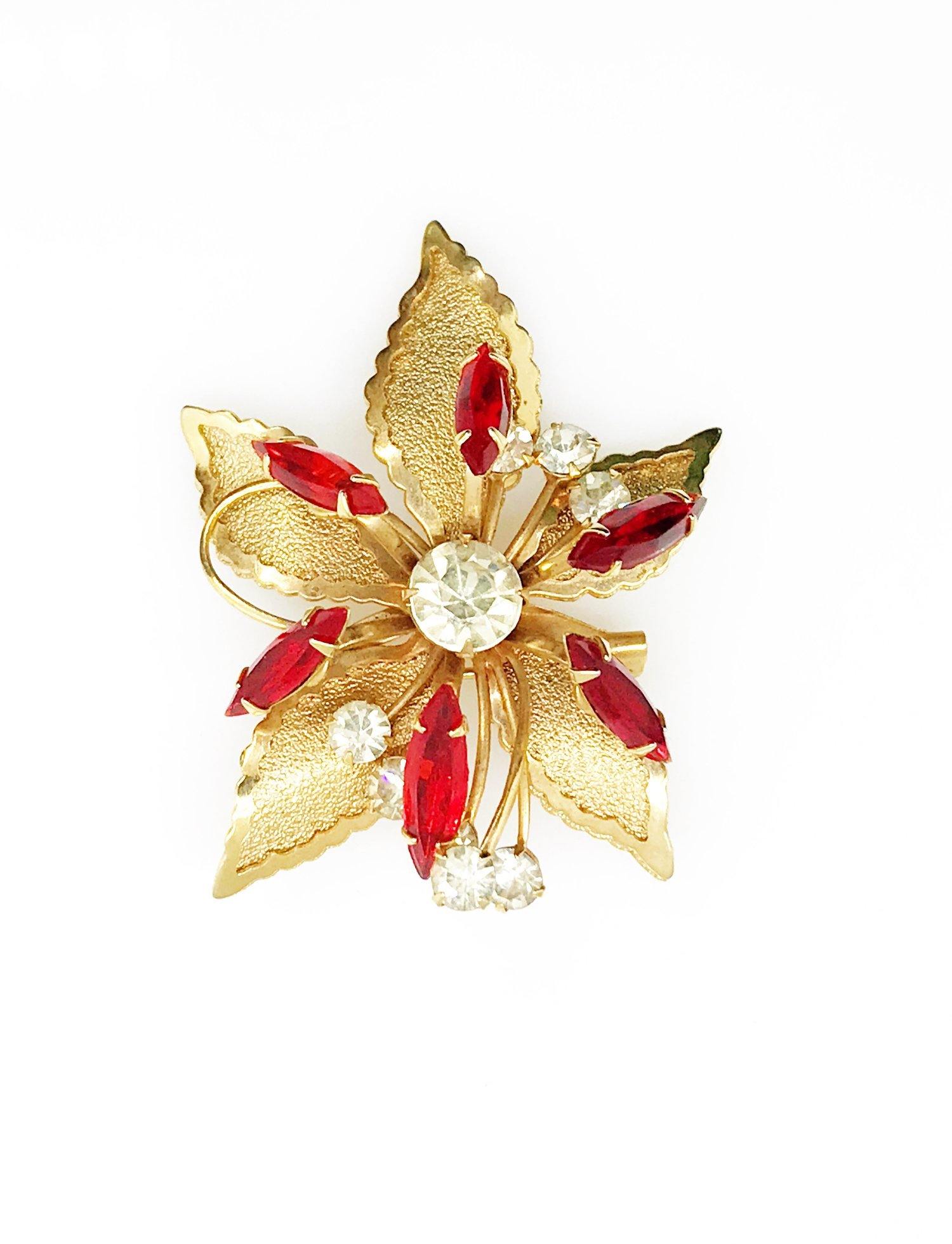 Vintage Gold tone Leaf Brooch with Red and White Stones - Lamoree’s Vintage