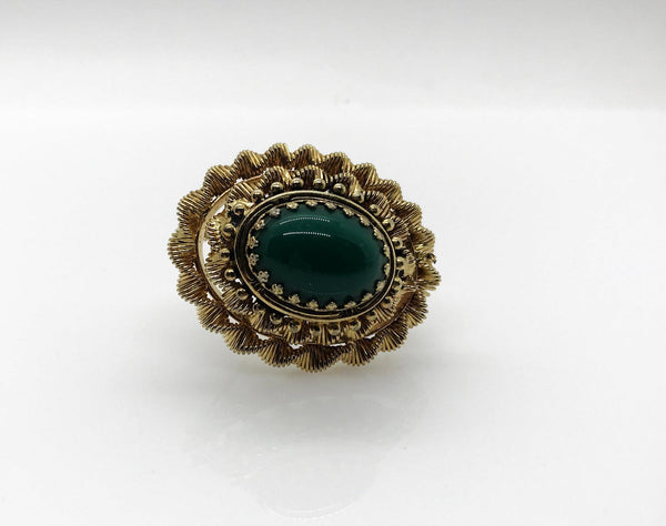 Vintage Green Cabochon Domed Brooch with Filigree Setting - Lamoree’s Vintage