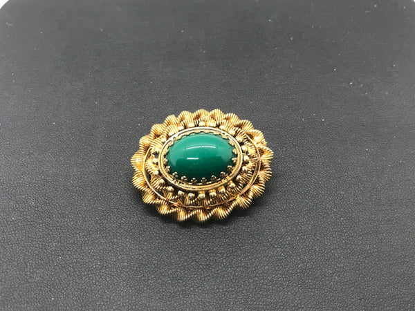 Vintage Green Cabochon Domed Brooch with Filigree Setting - Lamoree’s Vintage