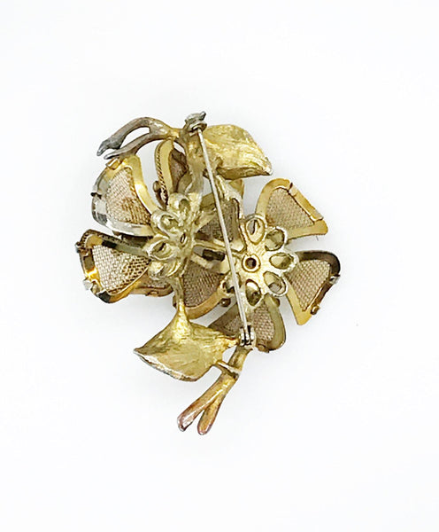 Vintage Mesh Floral Brooch with Glittering Golden Stones - Lamoree’s Vintage