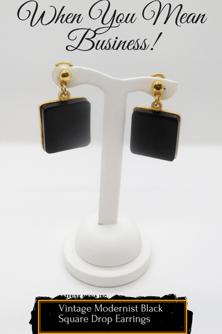 Vintage Modernist Dangling Square Black Disc Clip Earrings - Lamoree’s Vintage