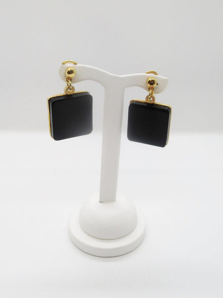 Vintage Modernist Dangling Square Black Disc Clip Earrings - Lamoree’s Vintage