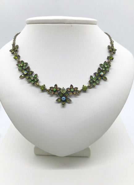 Vintage Pretty VCLM Floral Necklace with Green Rhinestones - Lamoree’s Vintage