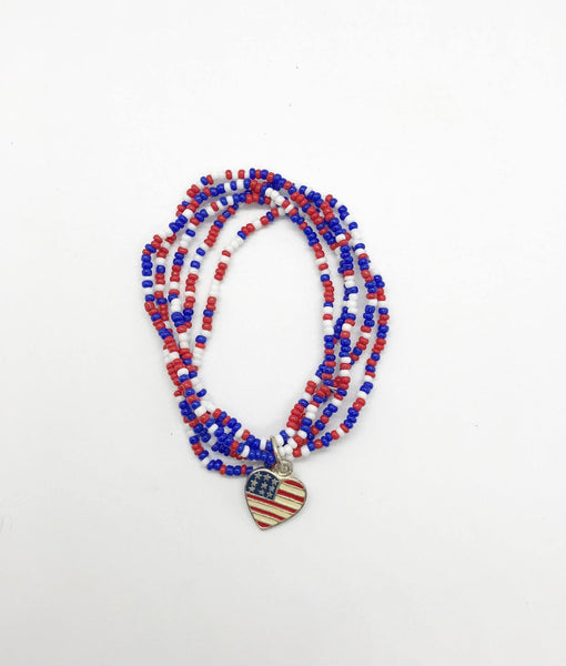 Vintage Red, White and Blue Beaded Bracelet with American Flag Charm - Lamoree’s Vintage