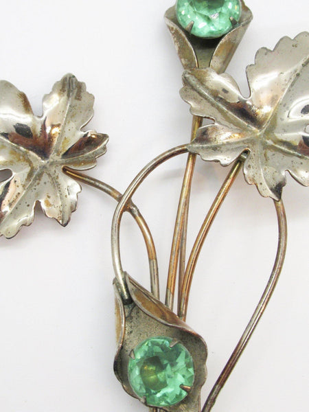 Vintage Tall Leafy, Floral Pin with Green Stones - Lamoree’s Vintage