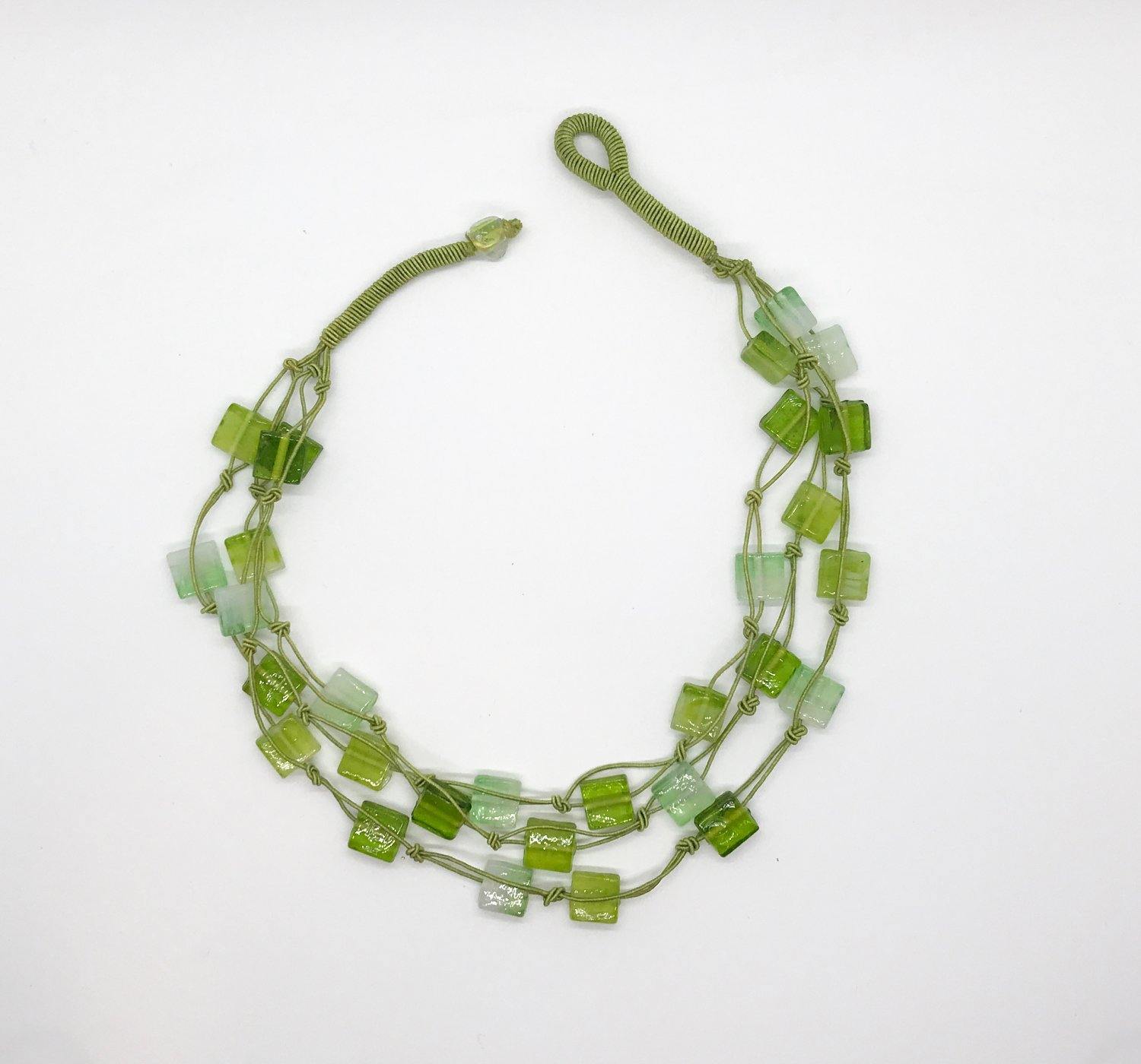 Vintage Three Stand Green Lucite Square Beads Necklace - Lamoree’s Vintage