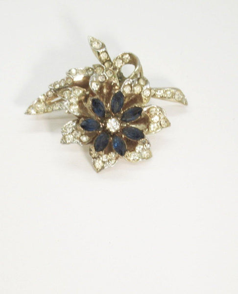 Vintage Trembler Floral Pin with Blue and White Rhinestones - Lamoree’s Vintage