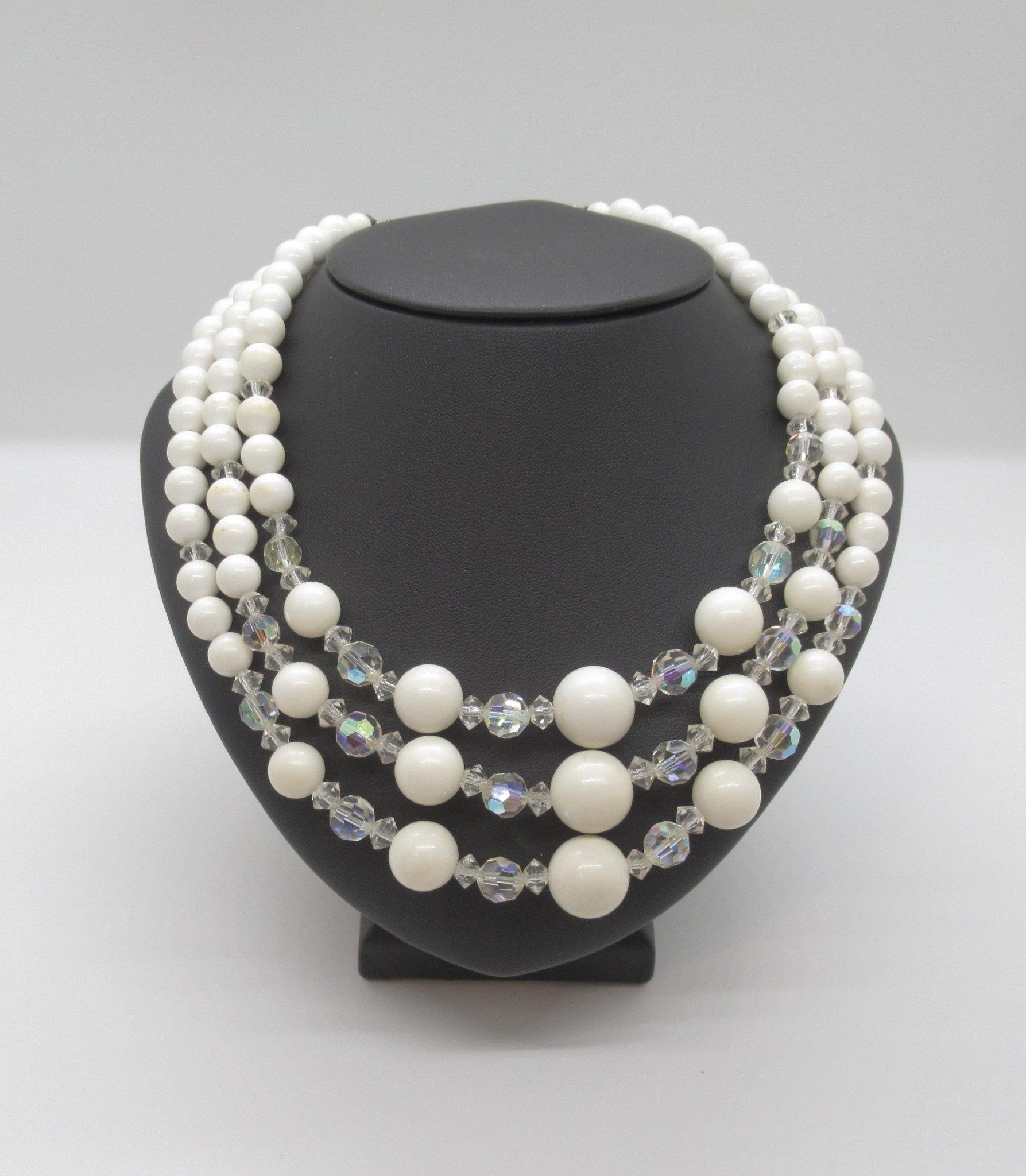 Vintage White Bead Triple Strand Necklace, with Aurora Borealis - Lamoree’s Vintage