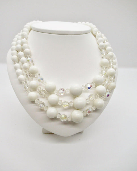Vintage White Bead Triple Strand Necklace, with Aurora Borealis - Lamoree’s Vintage