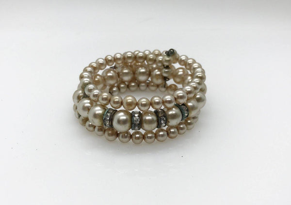 Vintage Winding Faux Pearl and Rhinestone Cuff Bracelet - Lamoree’s Vintage