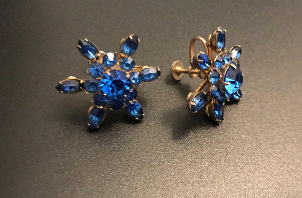 Vivid Blue Vintage Rhinestone Coro Star Snowflake Earrings - Lamoree’s Vintage