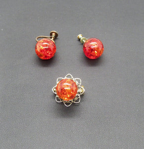 Vivid Orange Glass Brooch and Earring Set in Sterling - Lamoree’s Vintage